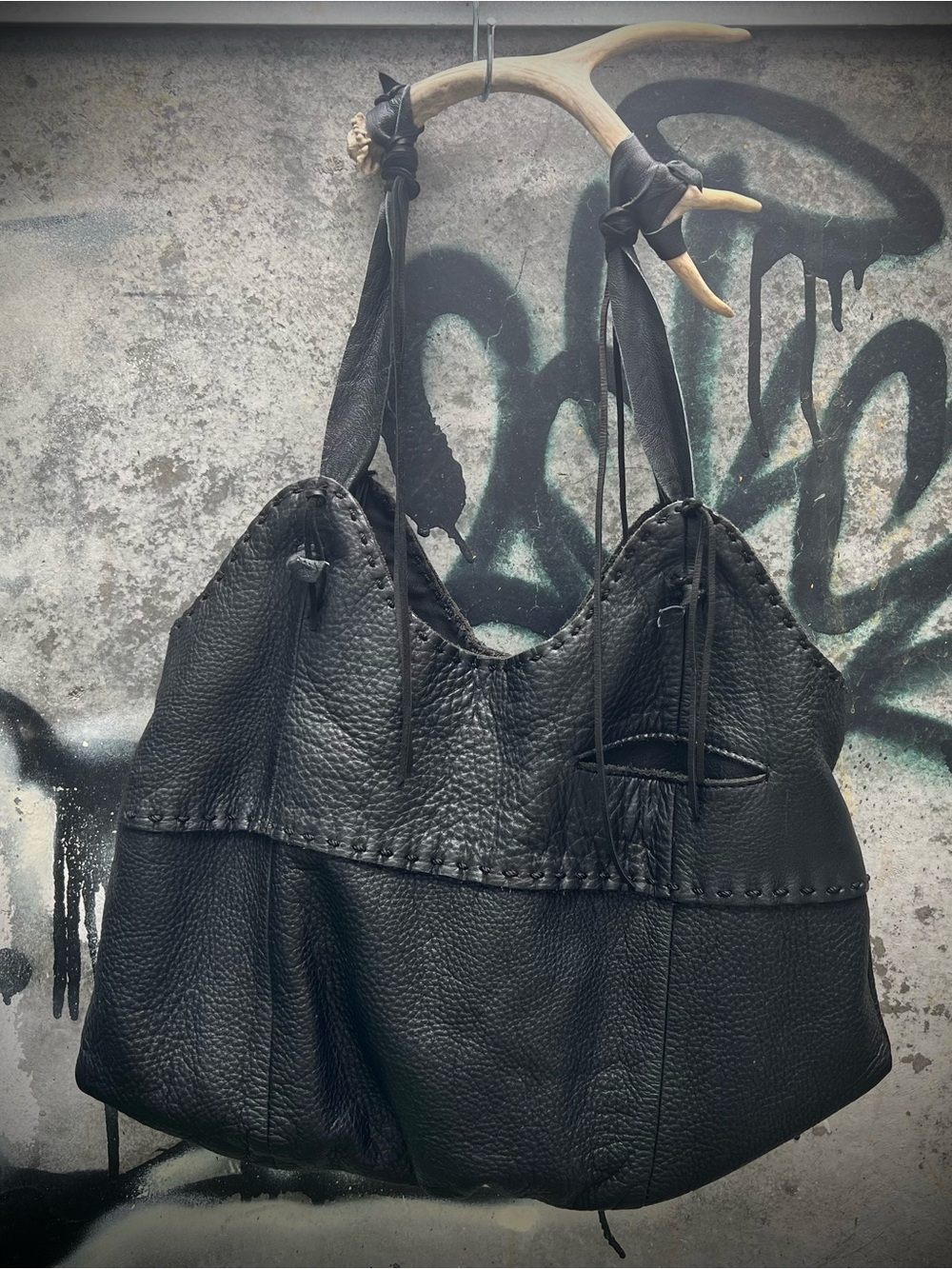 ANTLER Handle Black Leather Shoulder Bag - Hand Crafted/Upcycled Genuine Leather